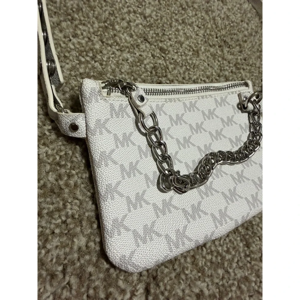 Michael Kors White Signature Logo Belt Bag Fanny Pack Silver